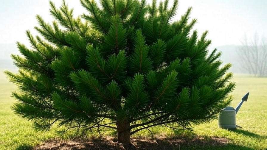 Pine tree with vibrant needles and shoots after fertilizing