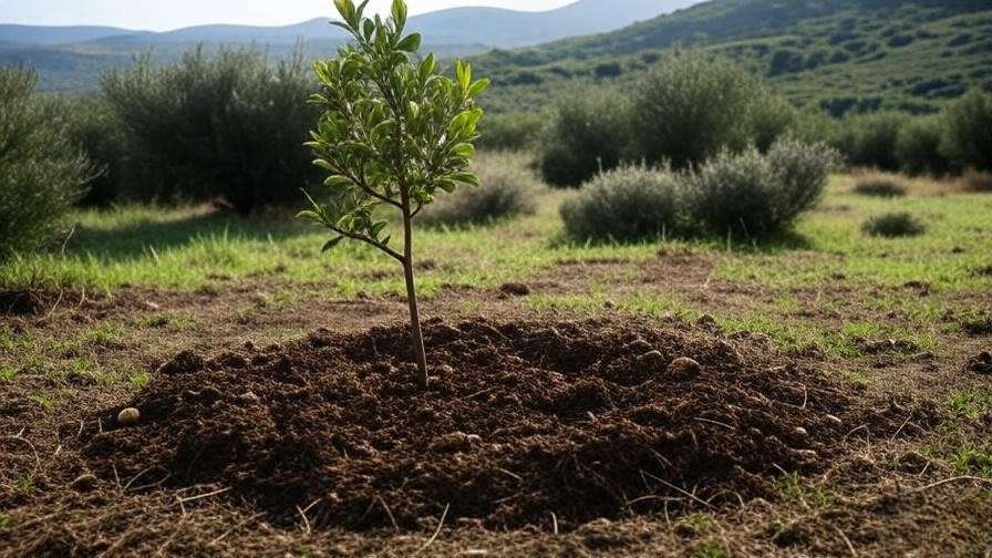 "Prepared truffle tree planting site with mulch and windbreak in Mediterranean landscape."