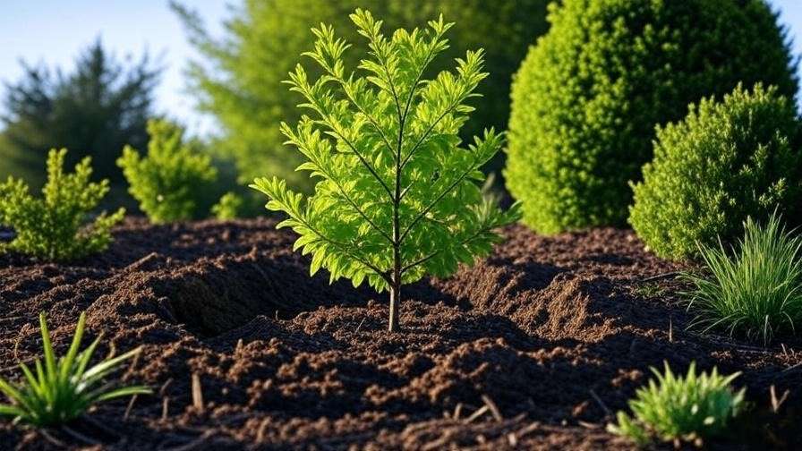 Young Lincoln tree planted in ideal garden location with mulch and native shrubs."