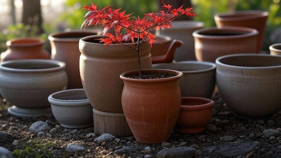 Assortment of ceramic, terracotta, and plastic pots with a small Japanese maple sapling."
