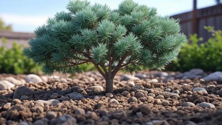 Close-up of Skyrocket Juniper with blue-green foliage in a small garden bed with rocks."