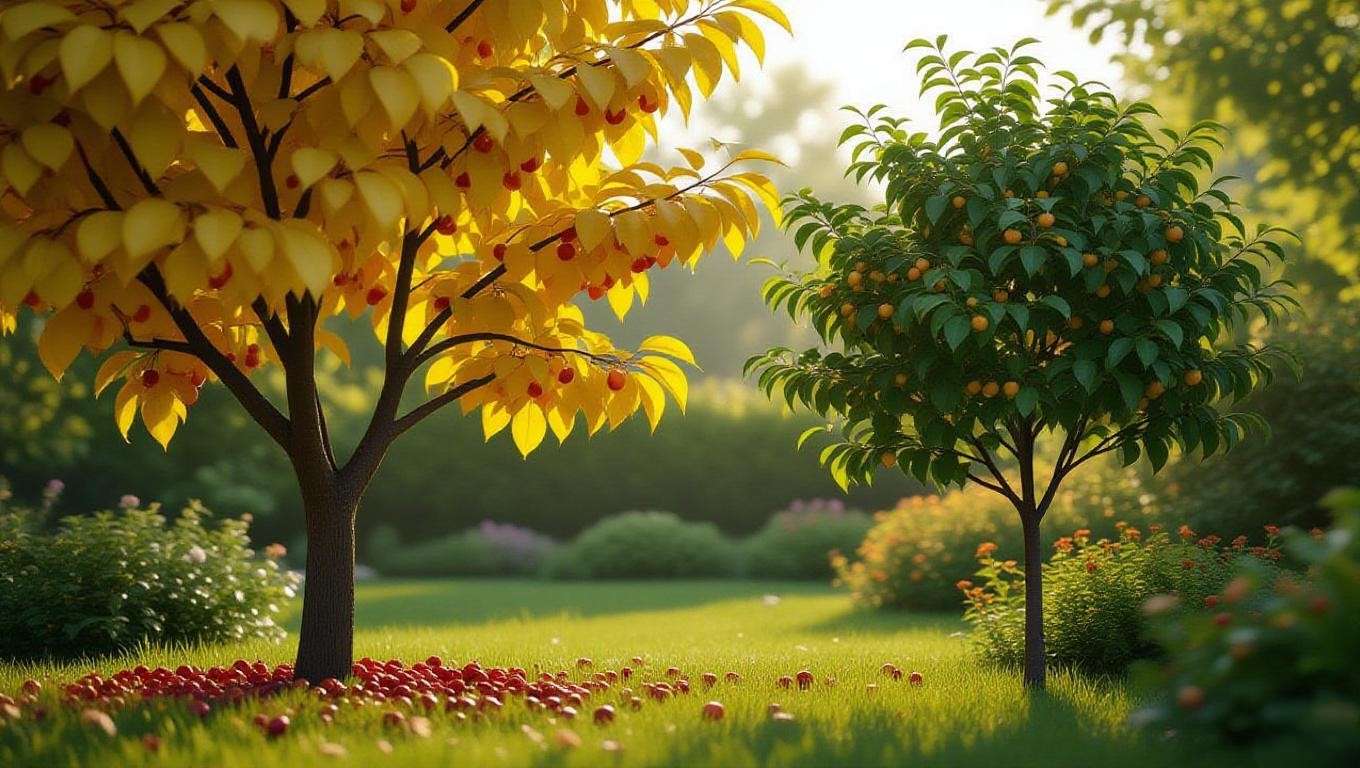 Comparison of a cherry tree with poor fruiting and a healthy tree in shade."