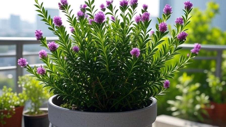 Dwarf lavender crape myrtle tree in a pot on a balcony with urban greenery."
