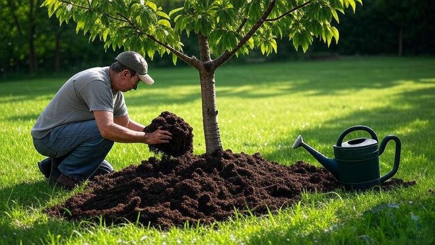 Gardener adding compost to cherry tree soil with watering can for healthy growth."