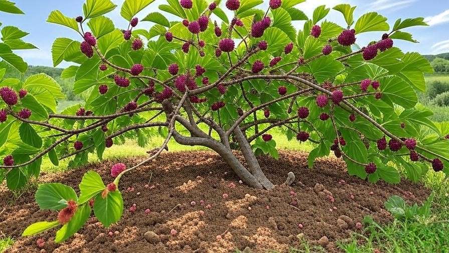 Healthy mulberry tree with ripe berries in Texas loamy soil under sunlight".