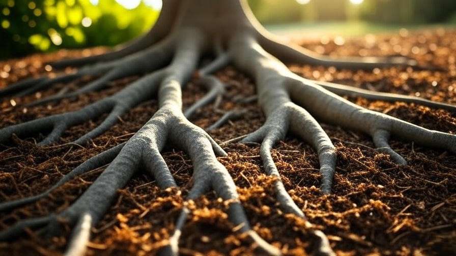 Healthy sycamine tree roots in well-draining soil with mulch in a sunny garden".