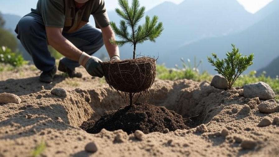 Gardener planting alpine tree in well-draining soil with tools and rocks"