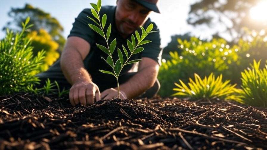 Gardener planting a young eucalyptus tree with mulch in an Australian garden".