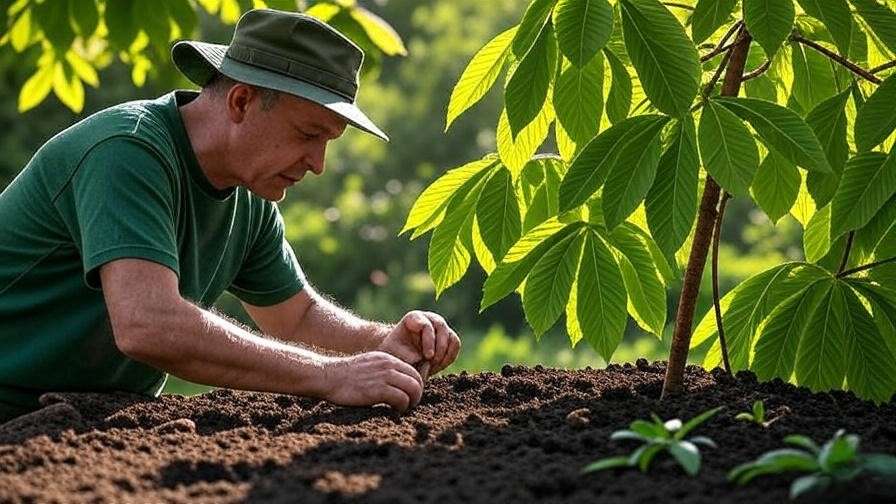 Gardener testing soil with kit near healthy chestnut tree leaves".