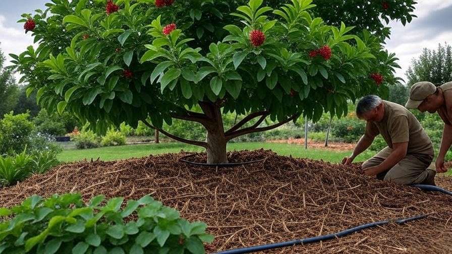 Healthy cascara tree with green foliage and red berries, gardener applying mulch and drip irrigation."