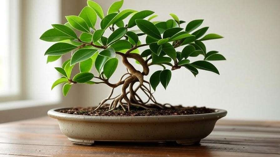 Close-up of a healthy ficus bonsai tree with glossy leaves and well-draining soil mix."