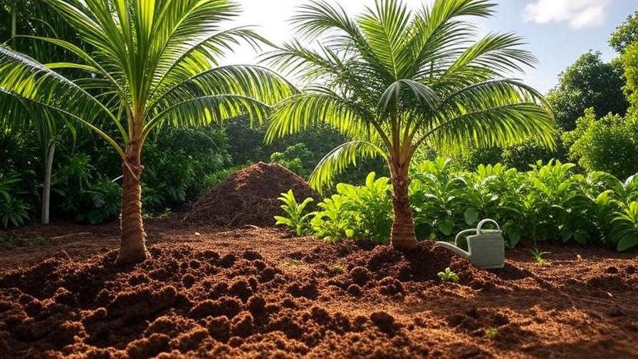 Healthy palm tree with watering can and compost in well-drained soil for optimal nutrition"