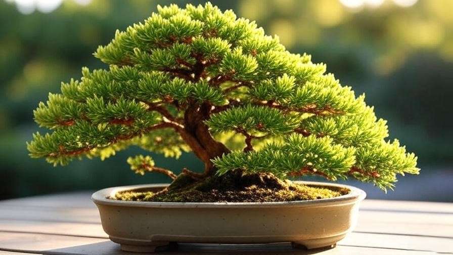 "Close-up of hinoki cypress bonsai tree in well-draining soil mix and ceramic pot with sunlight filtering through foliage