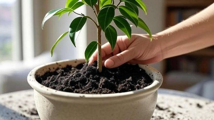 Repotting a ficus tree into fresh soil for healthy growth."