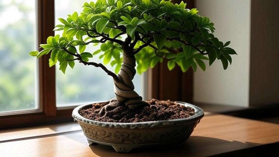 Close-up of a thriving money tree bonsai with braided trunk and well-draining soil in a decorative pot near a sunny window.
