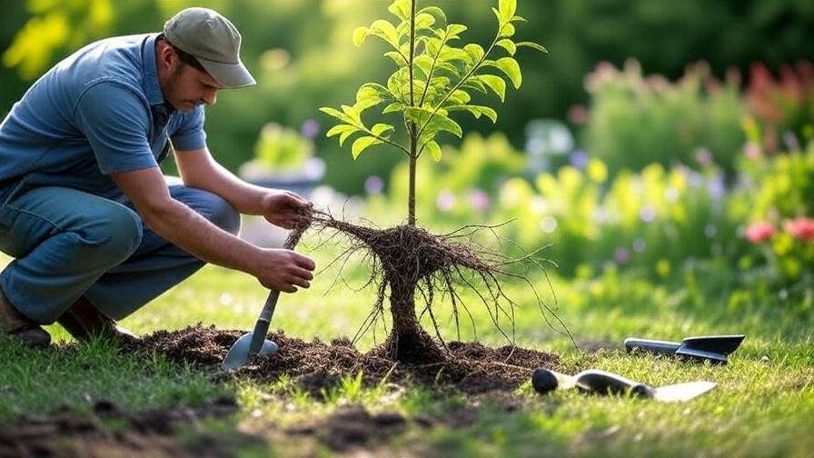 Gardener installing root barrier around sycamine tree with visible roots and tools".
