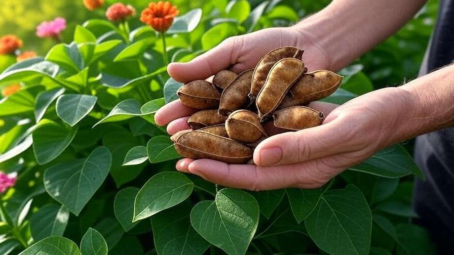 Gardener harvesting catalpa seed pods from a tree with heart-shaped leaves and blooms in a sunlit garden.