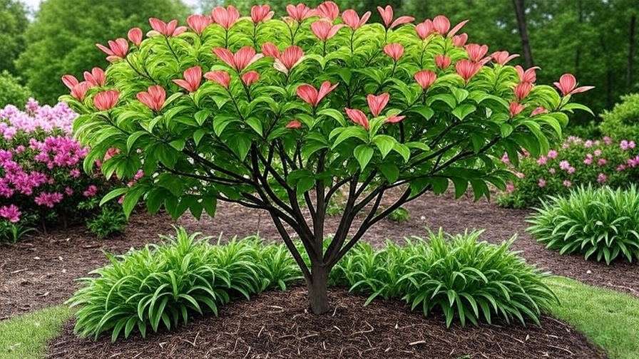 Legend Dogwood tree in spring bloom with pink bracts, mulch, and azalea companion plants."
