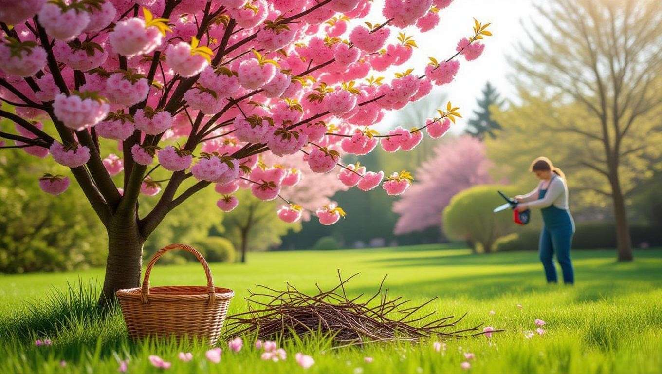 "Cherry tree in full bloom with gardener pruning branches in sprin
