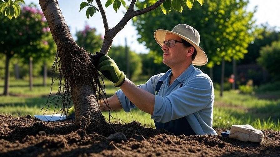 "Gardener assessing storm-damaged cherry tree with pruning tools in a garden."