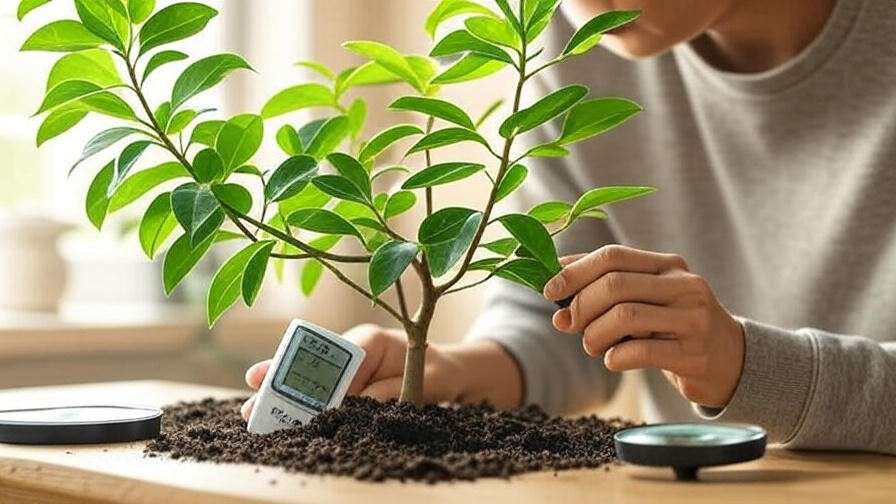 Person using a moisture meter to check drooping Money Tree soil with hygrometer and magnifying glass."