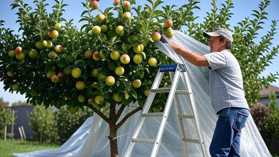 A gardener installing polyethylene drape netting over a small apple tree, securing it with zip ties in a sunny backyard garden.