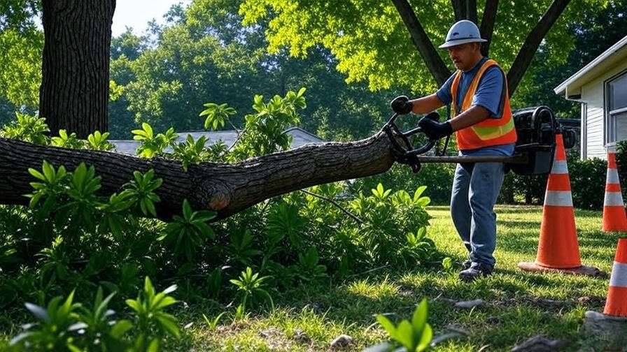 Jarraff tree trimmer setup with operator in PPE for safe tree cutting".