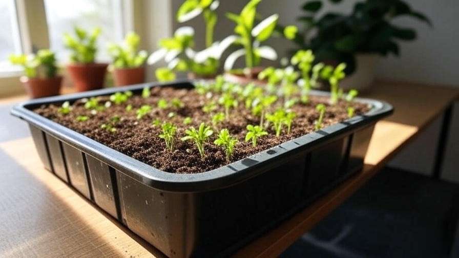 Seed tray with bonsai soil and seeds under humidity dome in bright room".