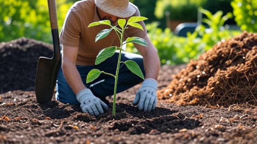 "Gardener planting a tree tomato sapling with shovel, compost, and mulch in a sunny garden."