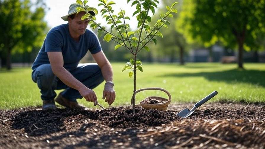 Gardener planting a young cherry tree in well-drained soil with tools"