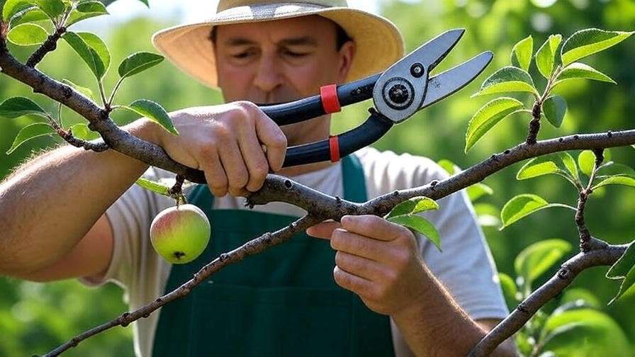 Gardener pruning fruit tree branch with 45-degree cut, healthy apples and leaves in sunny orchard."