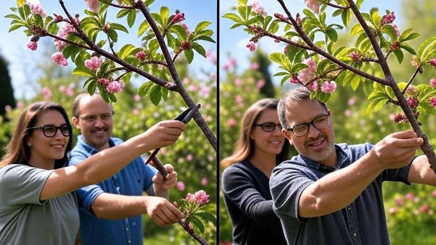 Gardener pruning a cherry tree with a before-and-after view of a branch cut