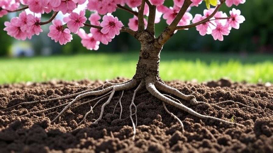 "Diagram showing proper planting depth for pink flowering cherry tree with roots and mulch."