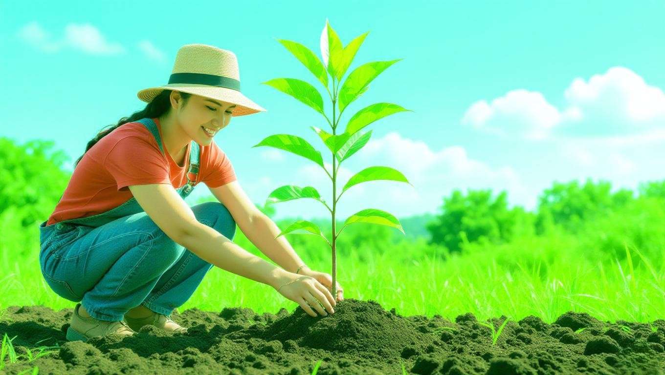 Gardener planting a young Barbados cherry tree in well-drained soil under a sunny tropical sky."