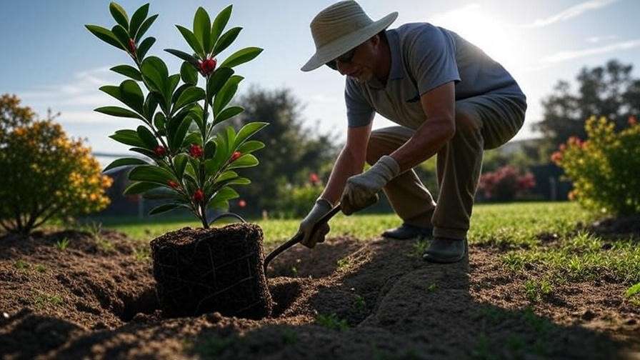 Gardener planting a Savannah Holly Tree with compost and mulch in a sunny garden."
