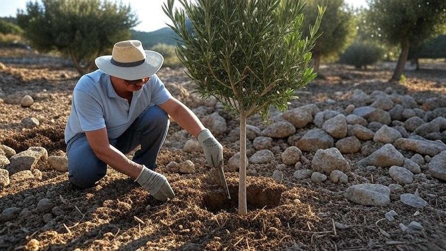 Step-by-step planting of a Wilsonii olive tree in a sunny garden with mulch"