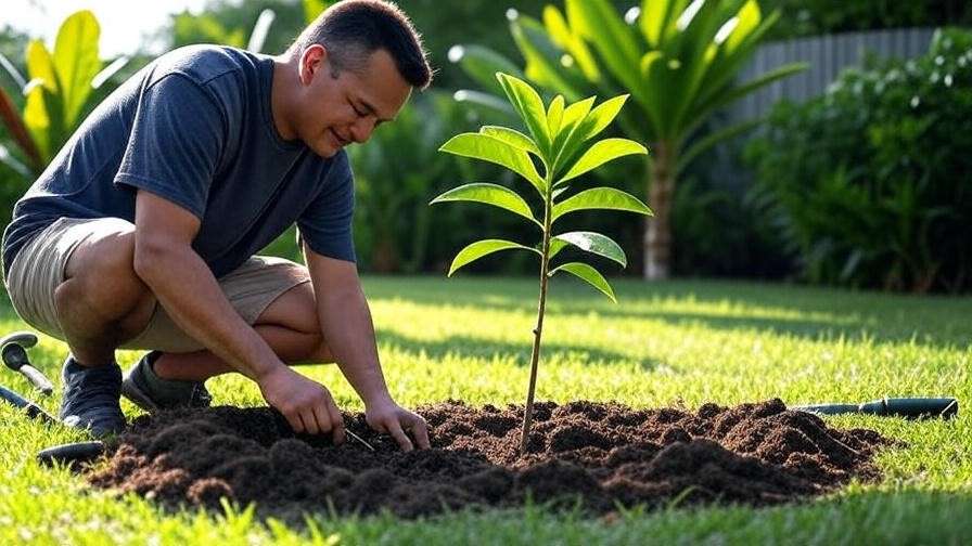 Person planting a young guanacaste sapling in a sunny backyard with gardening tools."