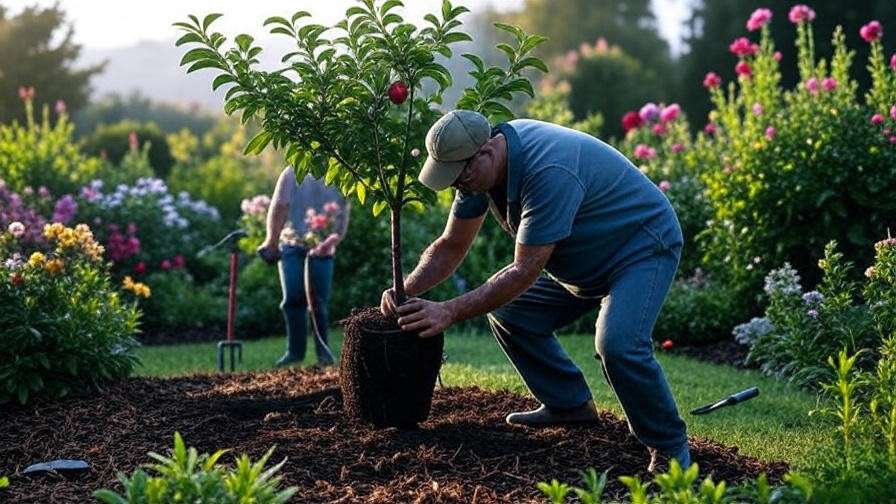"Gardener planting a Hidden Rose Apple Tree with root ball and mulch in a sunny garden.