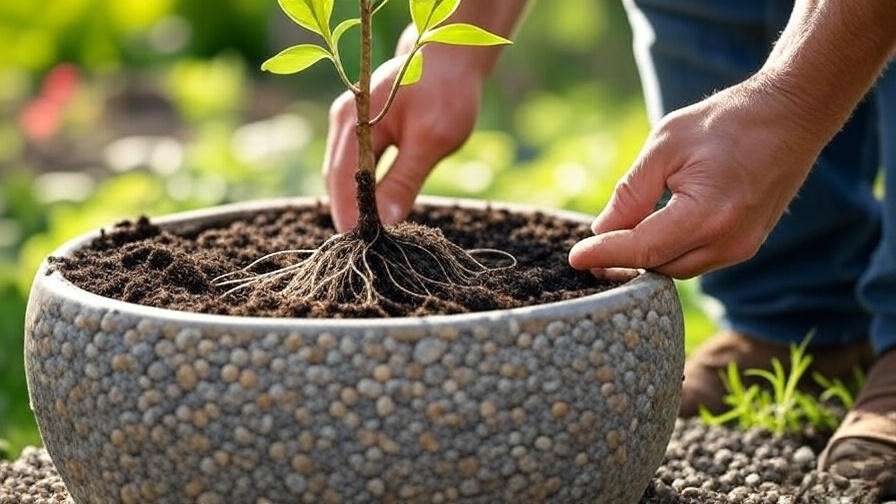 Step-by-step planting of a lilac mini tree in a container with mulch".