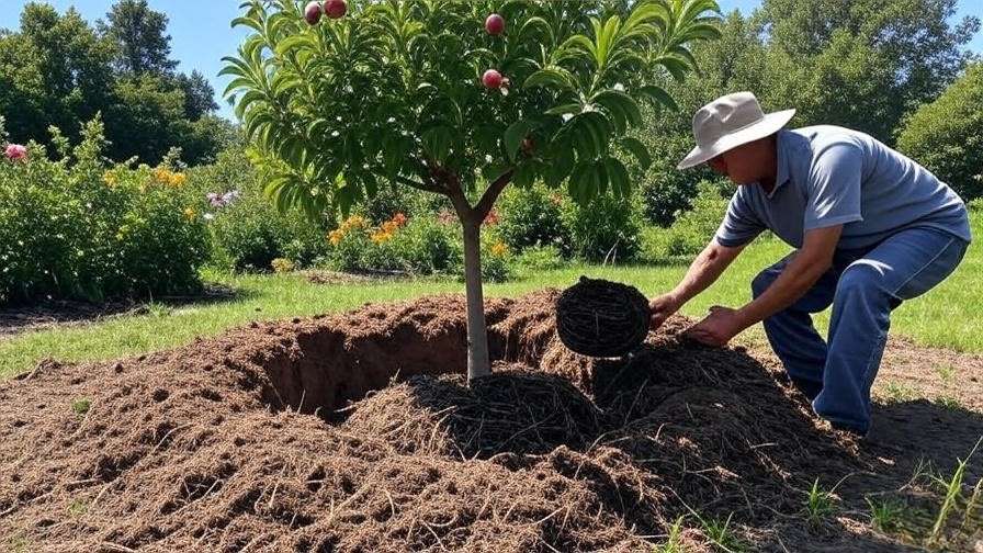 "Gardener planting a weeping crabapple tree with compost and mulch in a sunny garden."