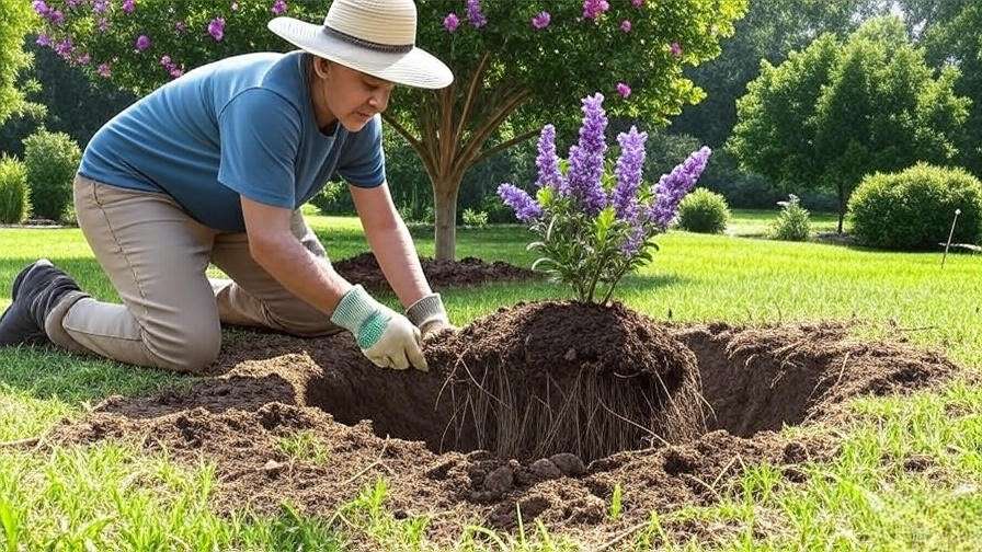"Gardener planting a lavender crape myrtle tree with mulch and mature tree in background."