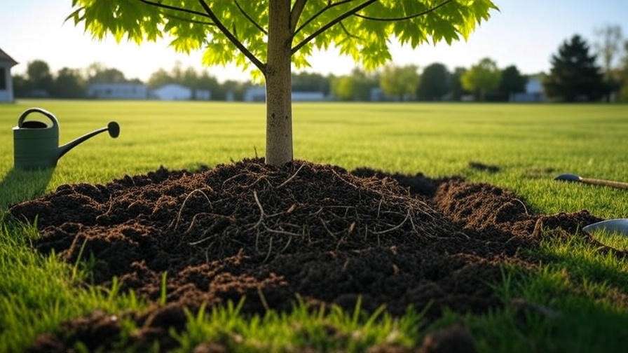 Planting a maple tree sapling with mulch and gardening tools in sunlight".