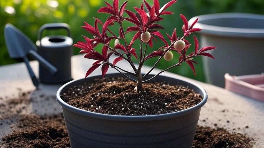 Bonfire Patio Peach Tree planted in a pot with compost and perlite on a sunny patio, surrounded by gardening tools."