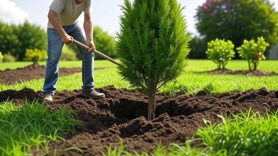 Gardener planting an Emerald Green Arborvitae tree in a garden with a shovel and soil".