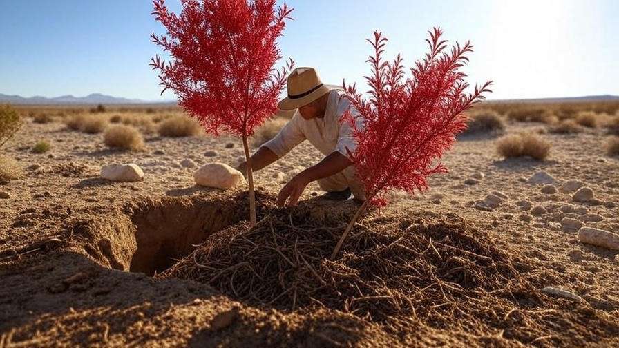 "Gardener planting a Red Push Pistache tree with red foliage in desert soil, adding mulch, sunny landscape.