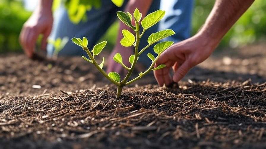 "Close-up of a green fig tree sapling being planted with mulch in a sunny garden."