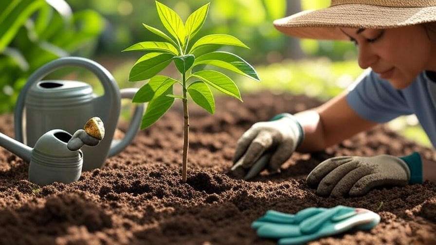 Gardener planting a cherimoya fruit tree seedling with compost in sunny garden".