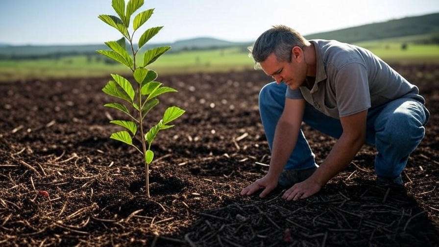 Gardener planting a young mulberry tree with mulch in Texas landscape".