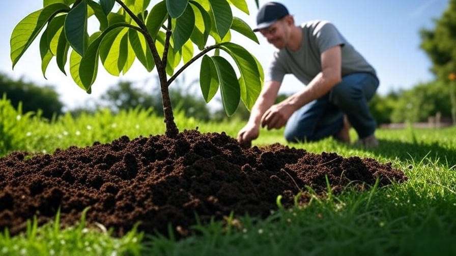 Gardener planting a Black Mission Fig Tree with compost in sunny garden soil".