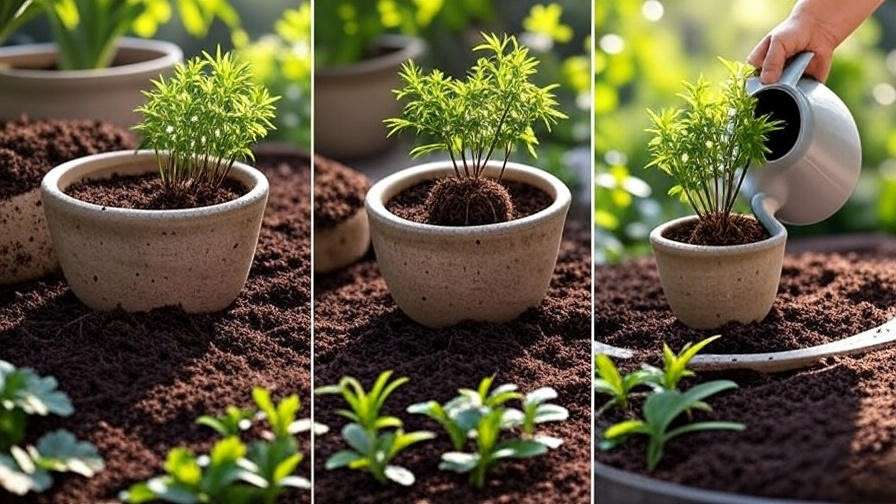 Step-by-step guide to planting a Japanese maple tree in a pot with soil and watering."